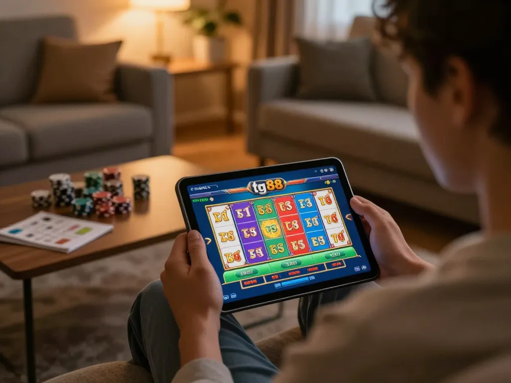 Engaging in a tg88 game, a player uses a tablet to enjoy online slots with colorful displays, creating a cozy atmosphere.