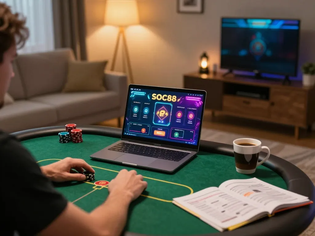 Player strategizing on the SOC88 platform during an online poker session at home.