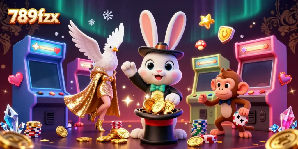 Experience thrilling gameplay with 789fzx as the magician rabbit conjures coins in a vibrant casino scene.