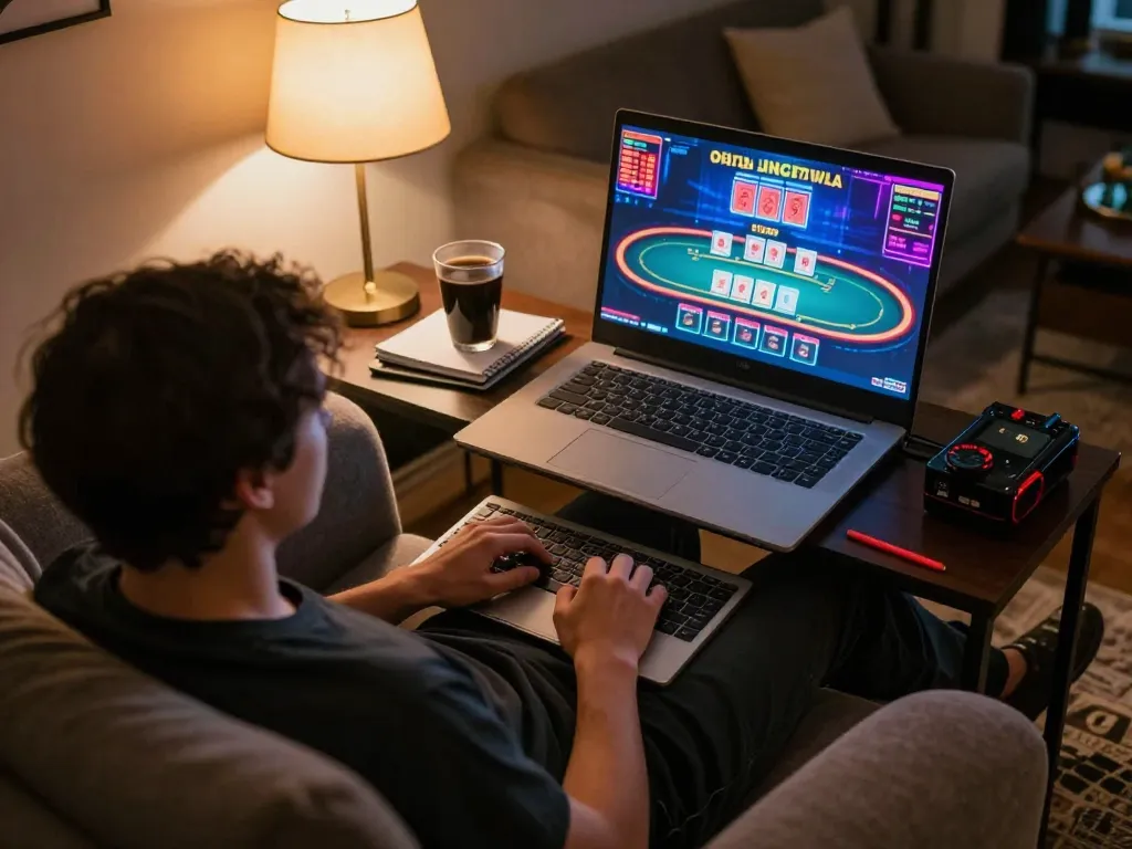 88vv player engaged in an exciting online casino experience, using laptop for live dealer games at home