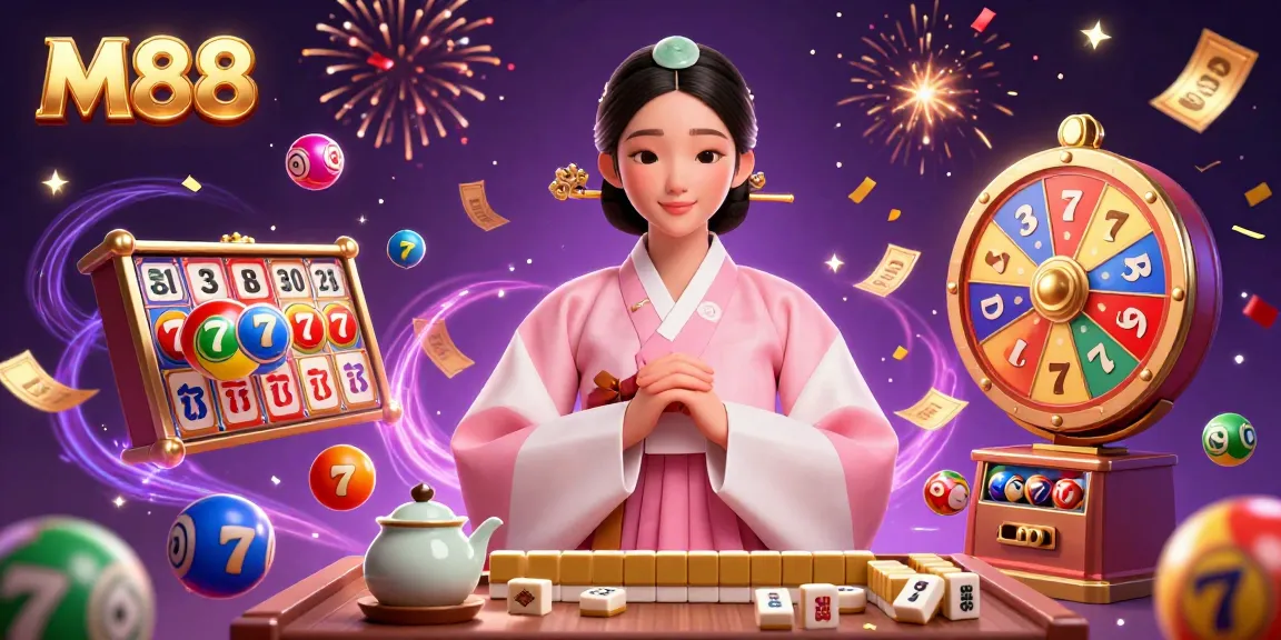 M88 logo glows against the colorful scene of a serene Asian woman amid slot reels and lottery elements.