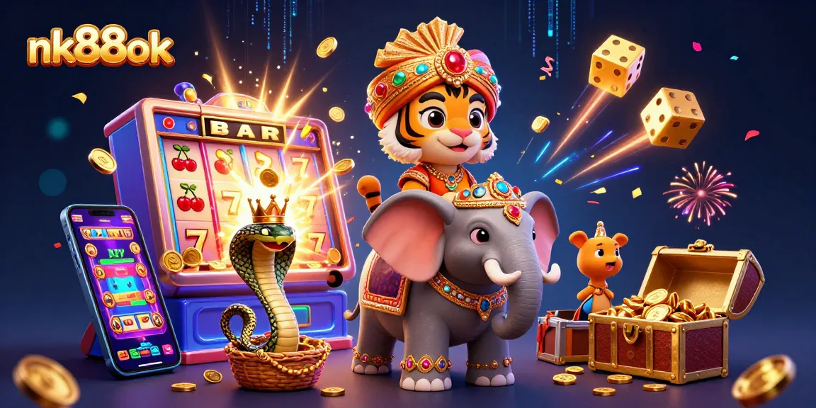 Experience exciting jackpots at nk88ok with a vibrant scene featuring a maharaja tiger and a slot machine.