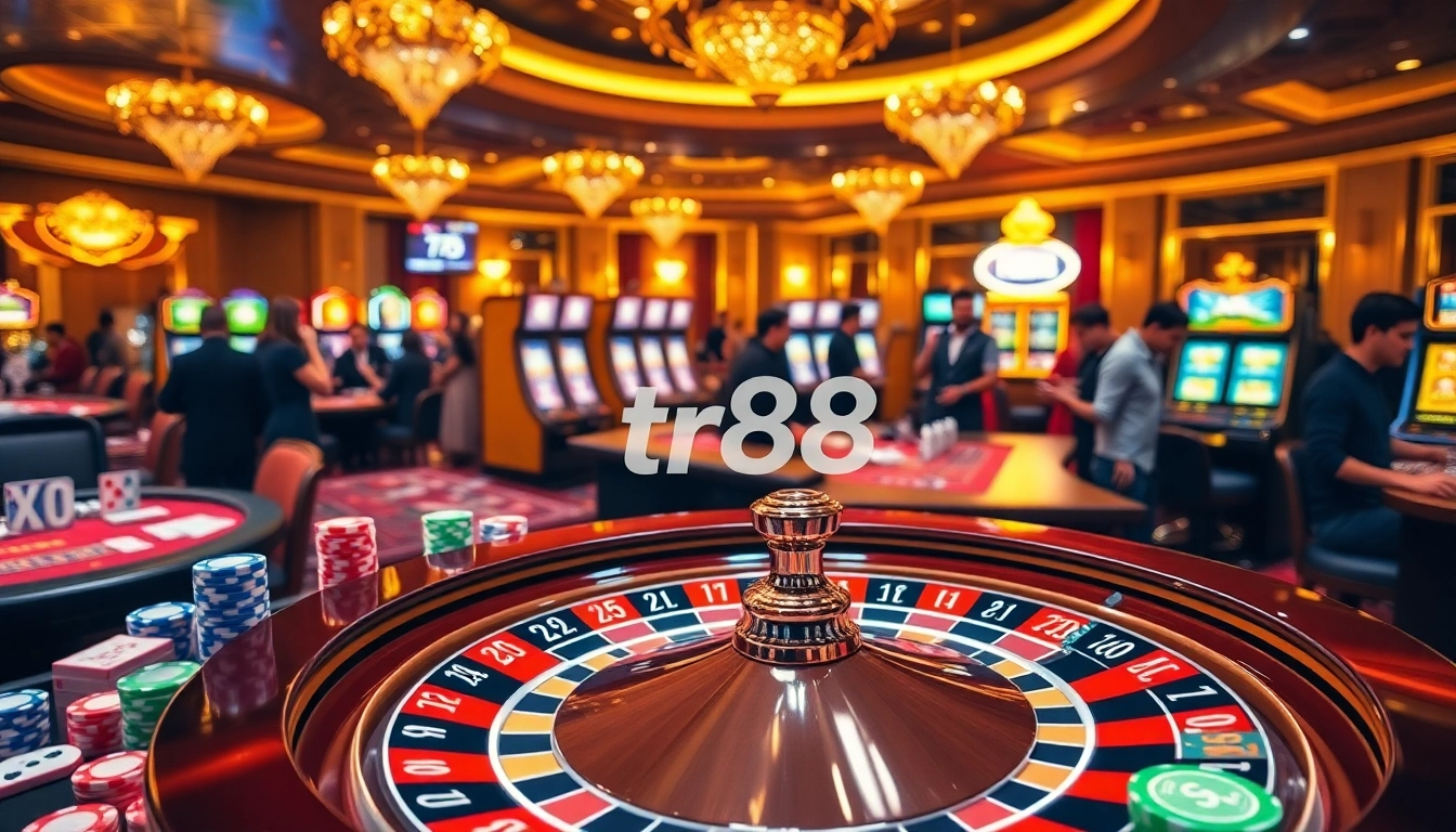Engaging tr88 casino scene with vibrant roulette and playful gambling elements.