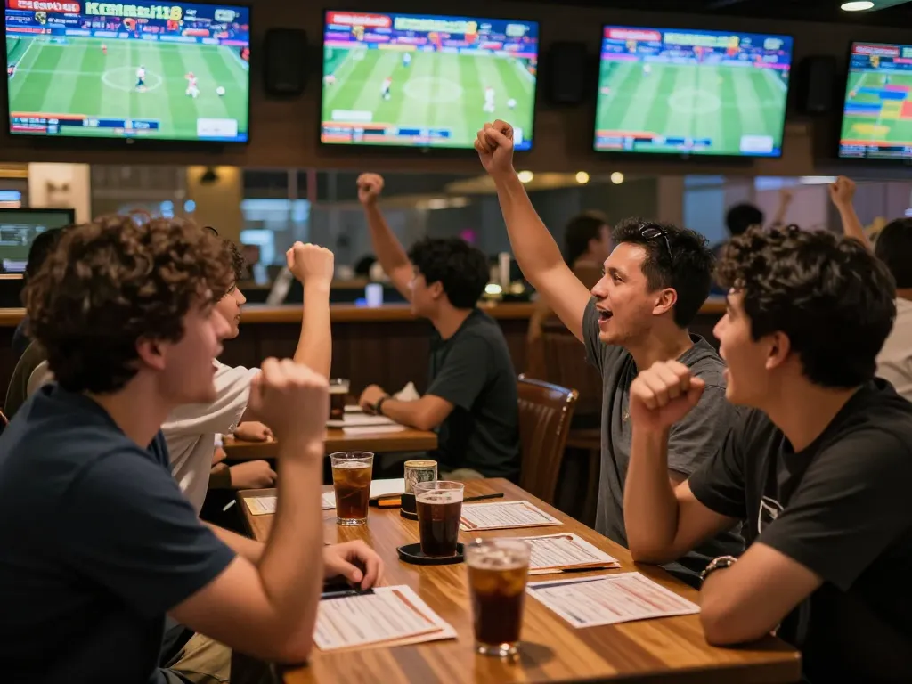 Fans celebrating their bets at keonhacaii88 in a lively sports bar.