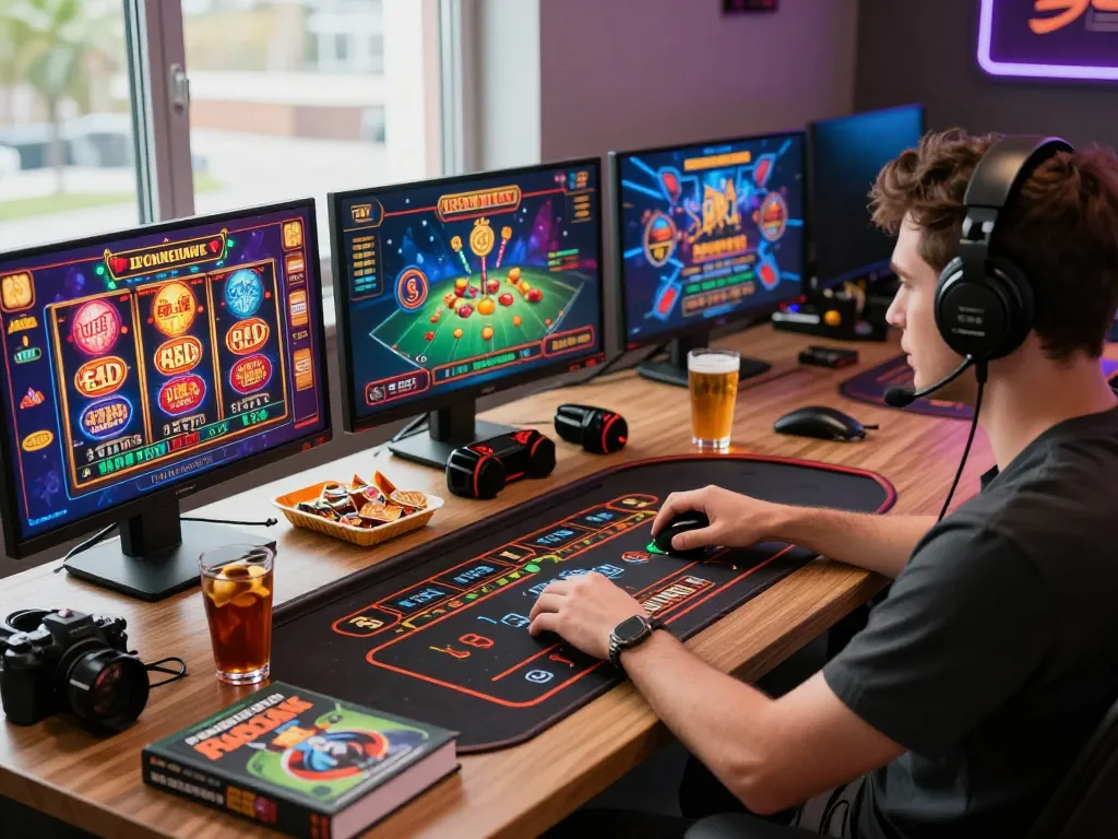 Player enjoying u888's online casino in a stylish gaming setup with multiple screens.