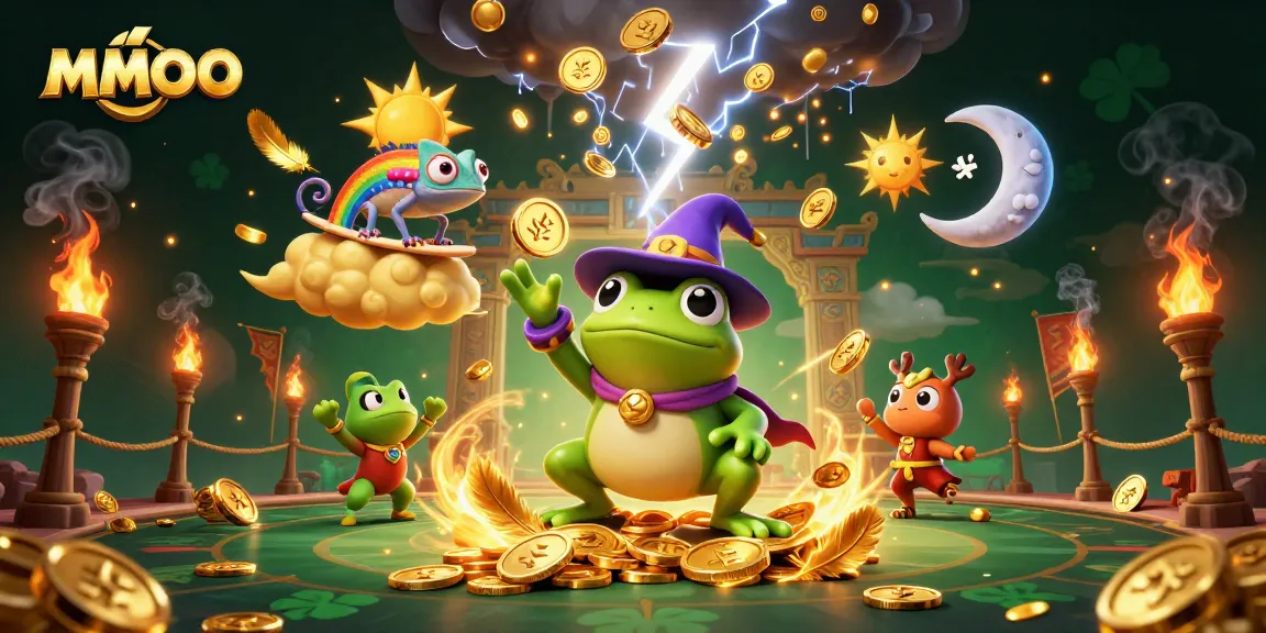 MMOO's wizarding frog unleashes a storm of golden coins in this lively casino illustration.