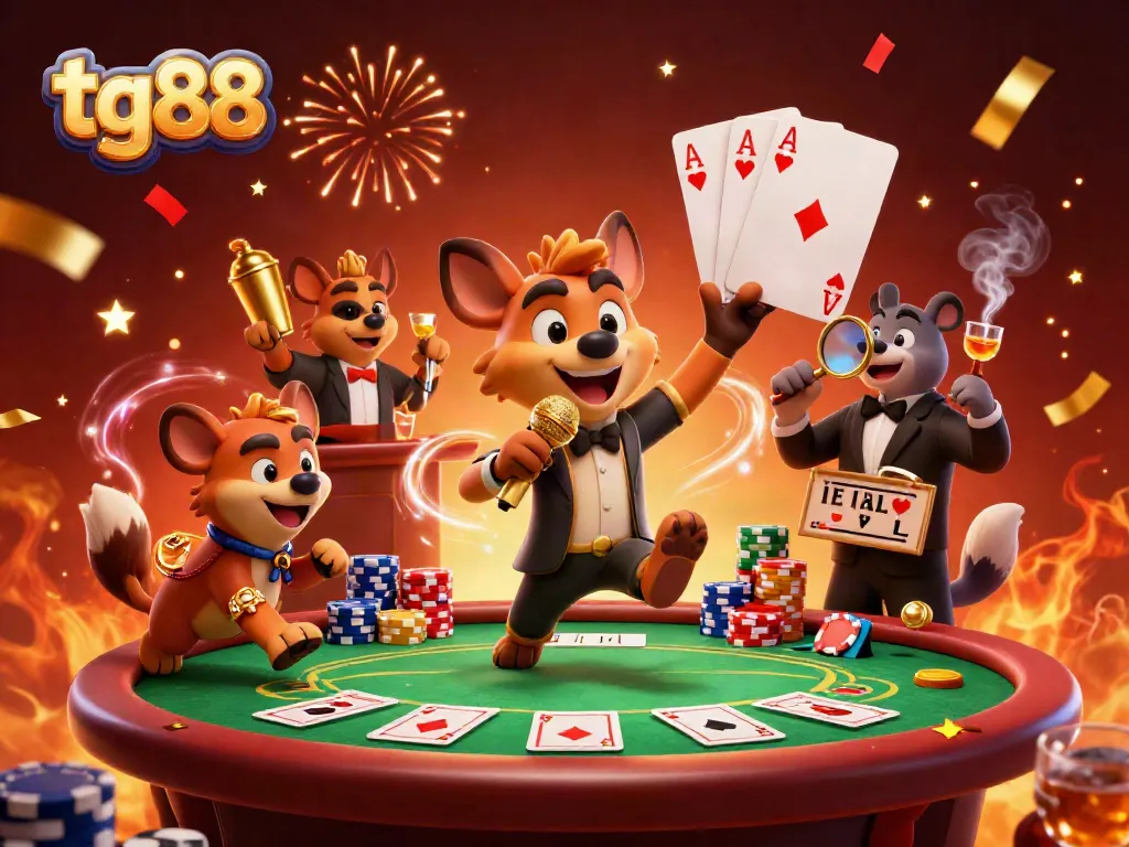 Watch tg88 hyenas entertain in a lively casino scene with poker action and vibrant decor.