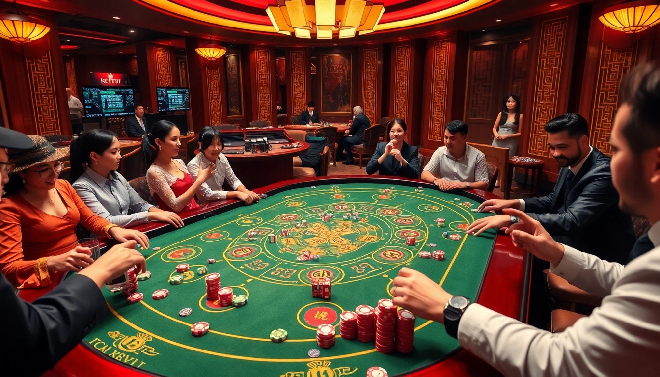 Tài Xỉu Online AU88 players strategizing and betting at a luxurious gaming table with colorful chips and dice.