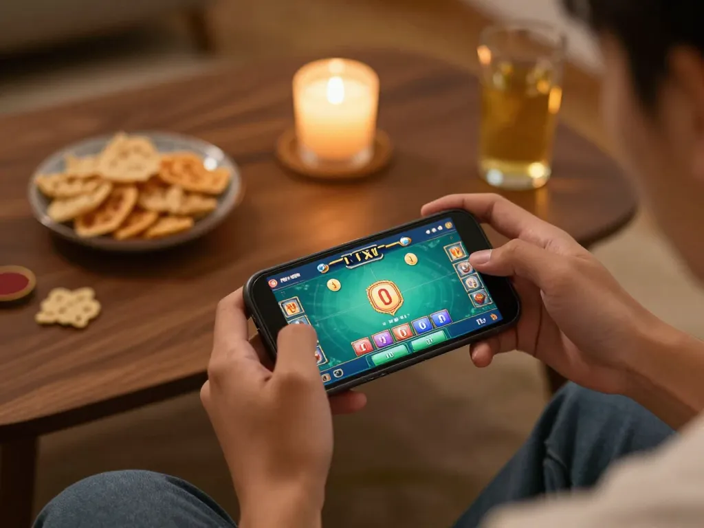 Playing Tài Xỉu online on a smartphone, showcasing a cozy gaming setup with snacks.