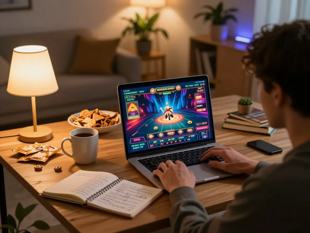 Engaging in online gaming with nhacaiuytinn at a cozy home setup, featuring a laptop and strategic notes.