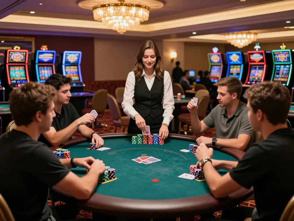 Players engage in intense strategy at a poker table during a vibrant night at nhandinhkeonhacai casino.