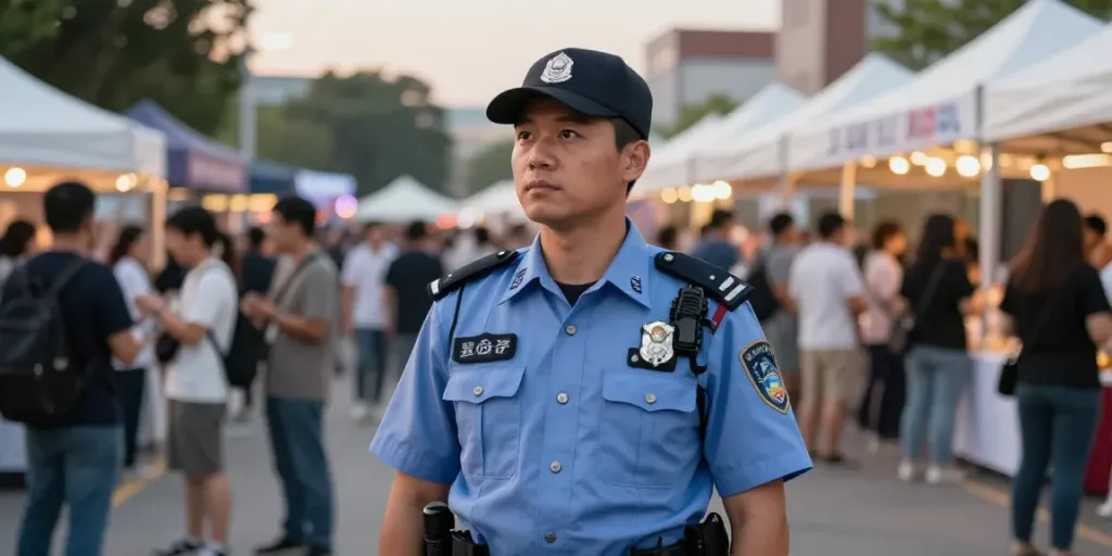 Security Guard monitoring a busy urban venue, ensuring safety for community events