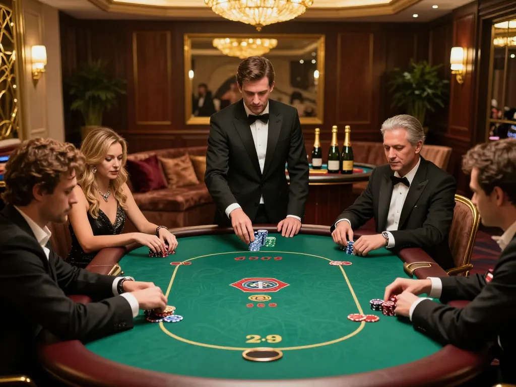 Kuwin VIP poker night featuring engaged players and an elegant dealer in a sophisticated casino setting.