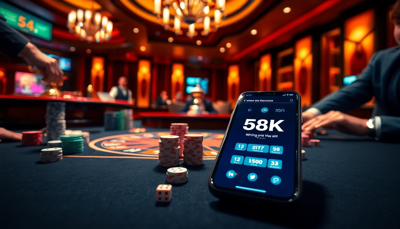Exciting casino scene with smartphone displaying app - đăng ký nhận 58k among colorful chips and roulette.