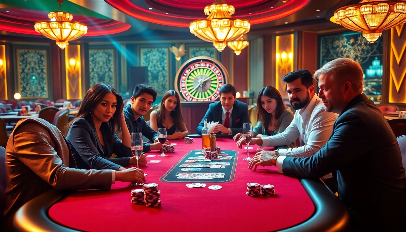 Players gamble at a luxurious poker table, celebrating a thrilling game of newphim-themed casino experience.