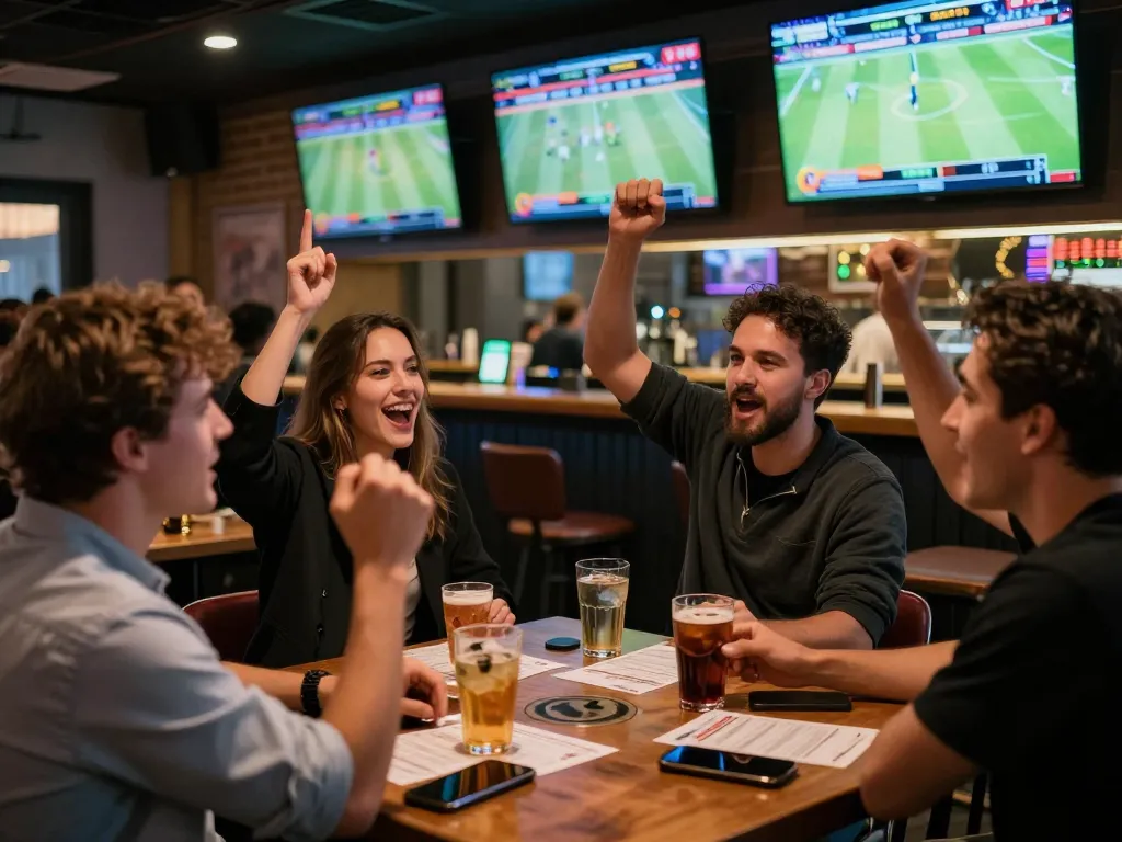 8day sportsbook bettors celebrate winning bets in a vibrant sports bar setting, showcasing excitement and energy.
