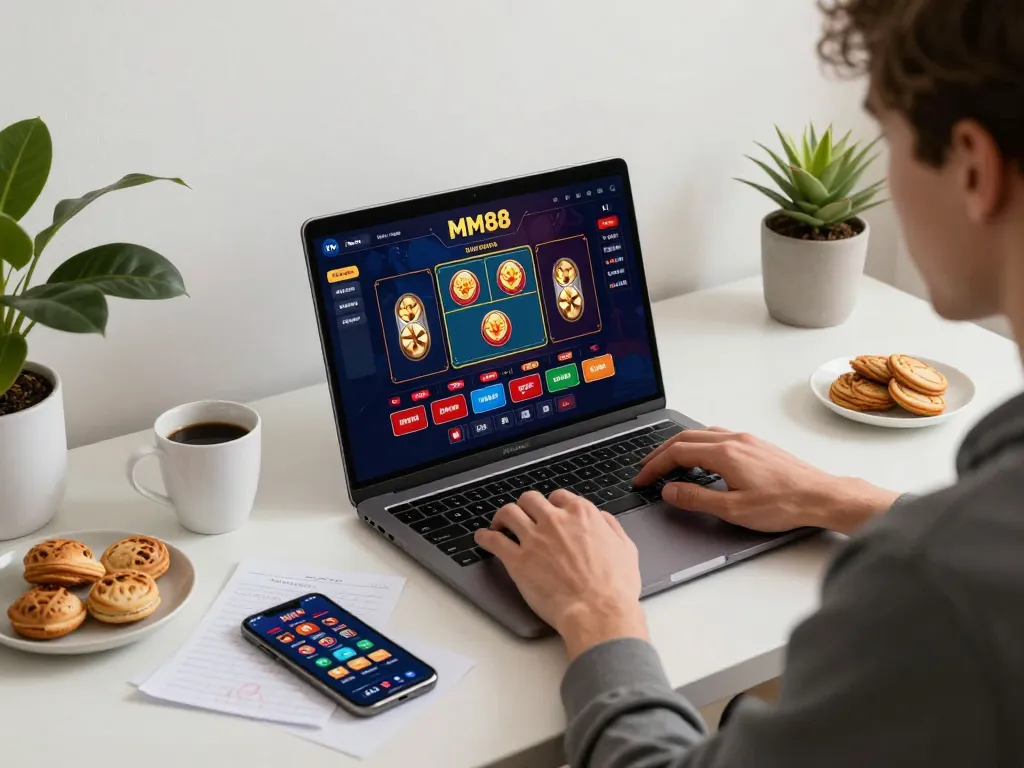 MM88 user enjoying live dealer games on a stylish laptop setup, showcasing responsible online gambling.