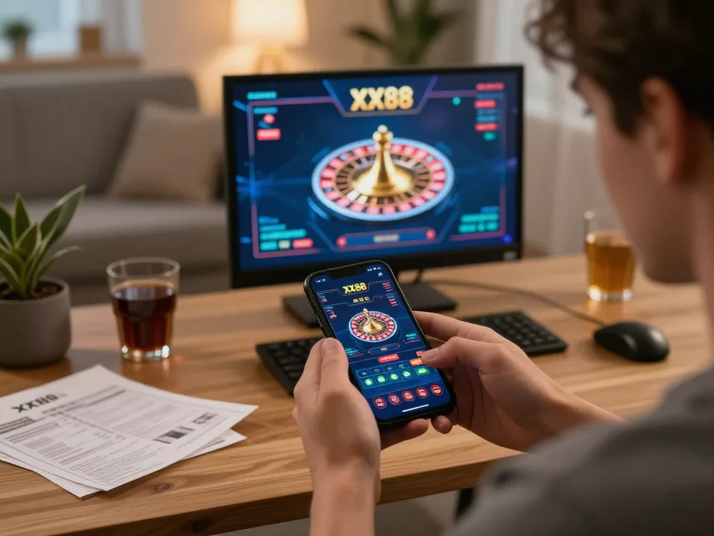 Player enjoying the XX88 casino experience on a smartphone while strategizing in a cozy setting.