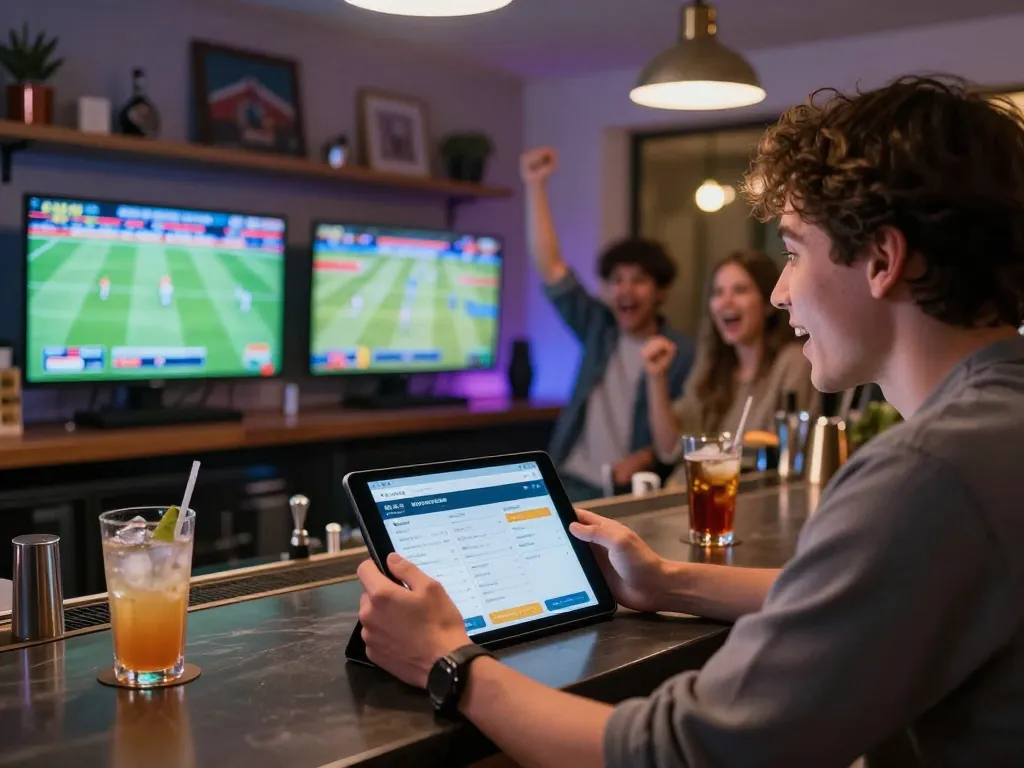 Engaged bettor using the keonhacai app while enjoying live sports action at home bar.