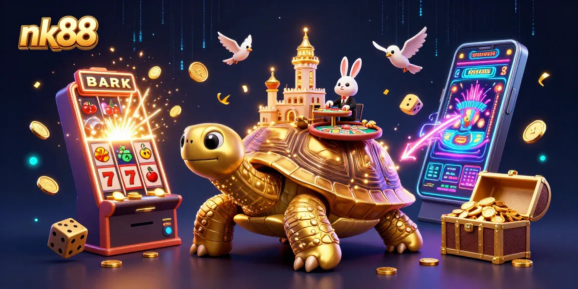 nk88 casino illustration featuring a golden tortoise, slot machine explosion, and joyful dealers surrounded by coins