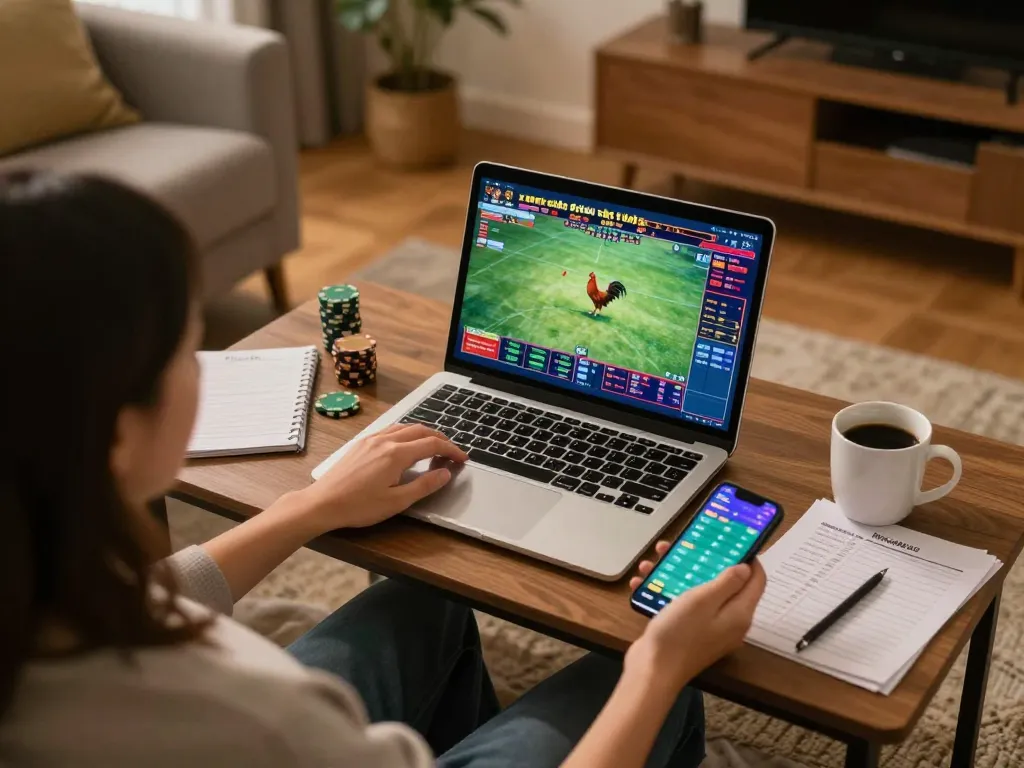 Thưởng thức xem đá gà trực tiếp HD trong một phòng khách ấm cúng cùng với laptop.