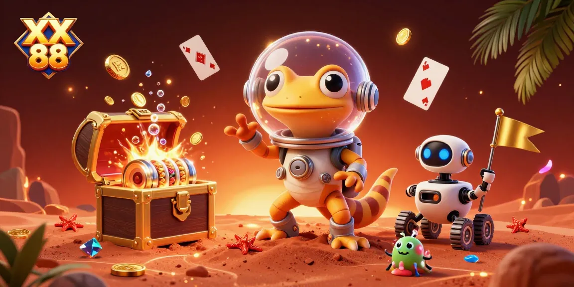 Experience thrilling gains with XX 88 in this vibrant casino illustration of a Martian gecko exploring a gold-rich casino.