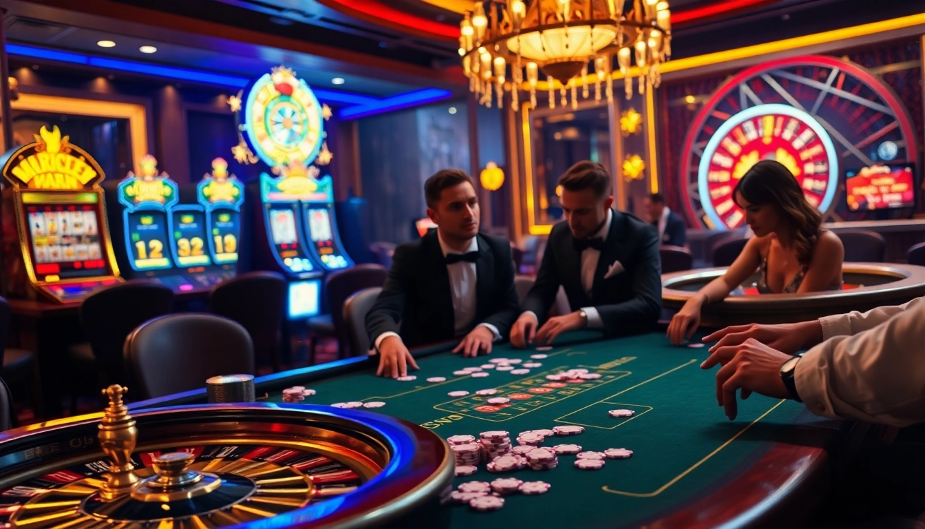 Players strategize and bet at a luxurious 89BET poker table amid a vibrant casino backdrop.