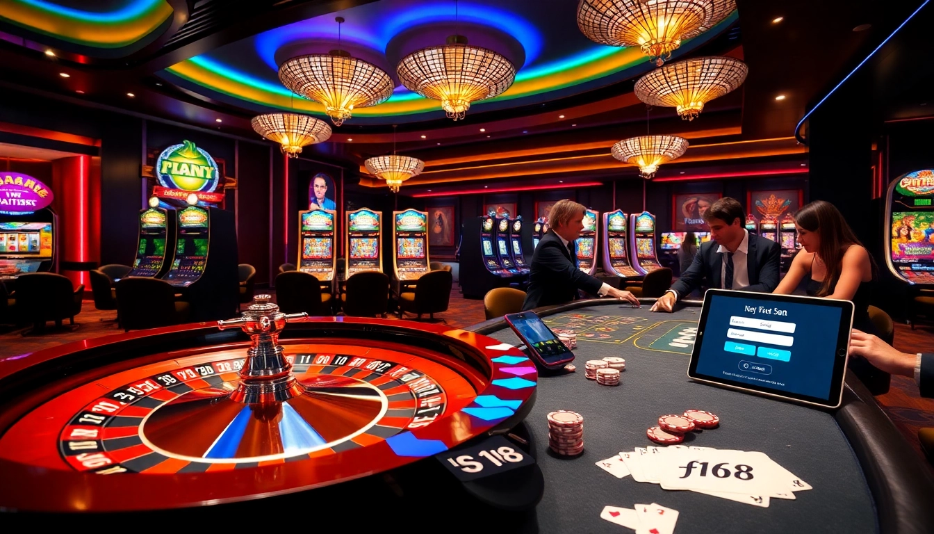 Experience the thrill of f168 đăng nhập in a luxurious casino with vibrant games and digital interfaces.