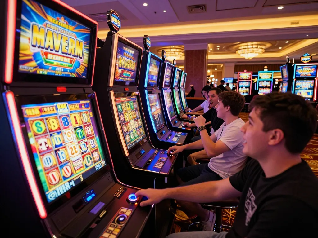 Kaya88 slot players engaged in vibrant casino fun, celebrating big wins at colorful slot machines.