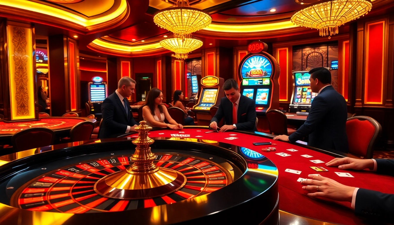 Experience the thrill of 88AA with players engaged in poker and roulette in a luxurious casino setting.