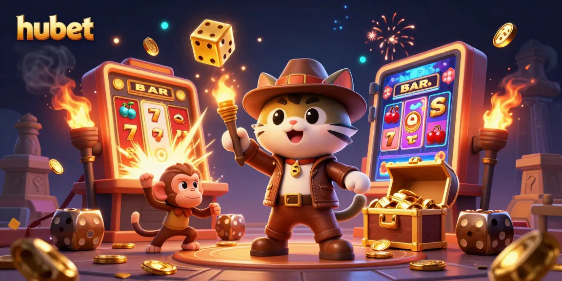 Experience hubet's thrilling gaming journey with a cartoon archaeologist cat and dynamic casino elements.
