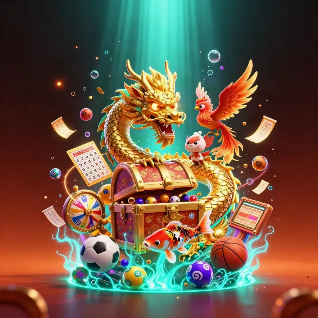 Golden dragon with phoenix and koi amid casino treasures, neon-lit cinematic 3D art.