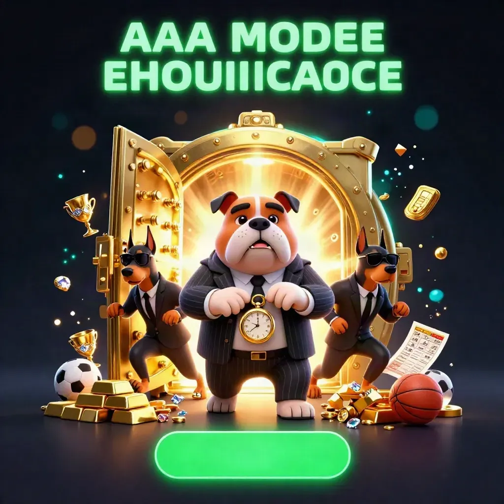 Bulldog boss and Doberman guards bursting from a golden vault with sports balls and treasure.