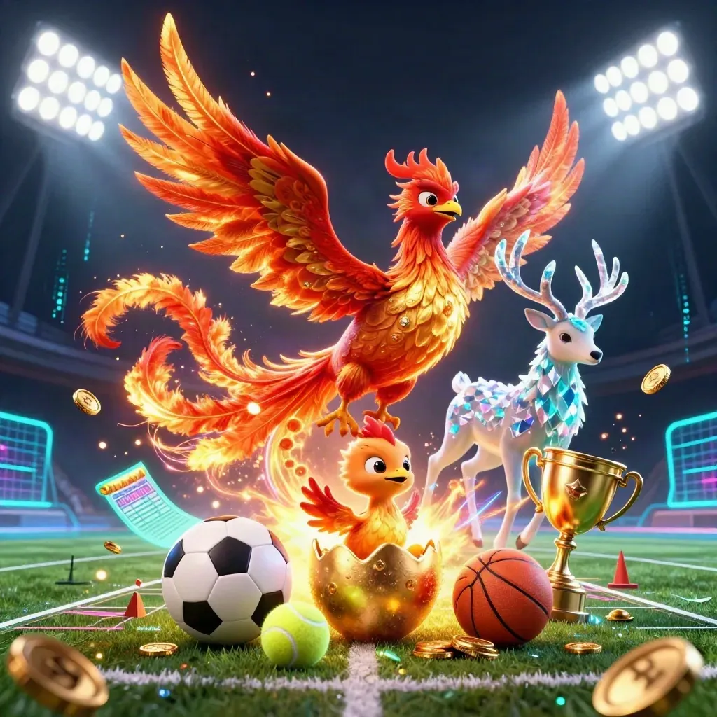 Fantasy phoenix, stag, and game icons explode in neon casino lighting.