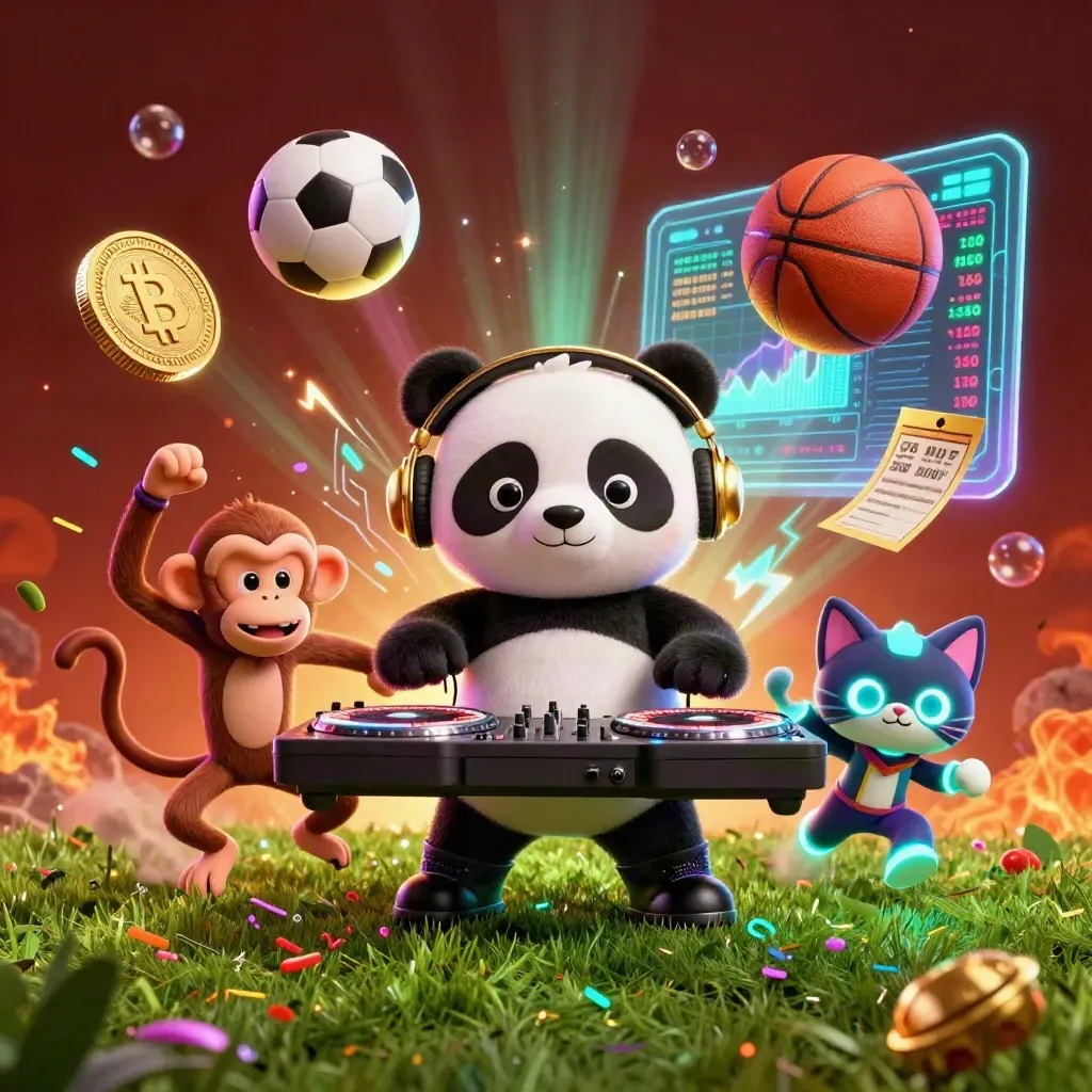 Cartoon panda DJ, breakdancing monkey, and rave kitten amid flying sports balls and neon casino effects.