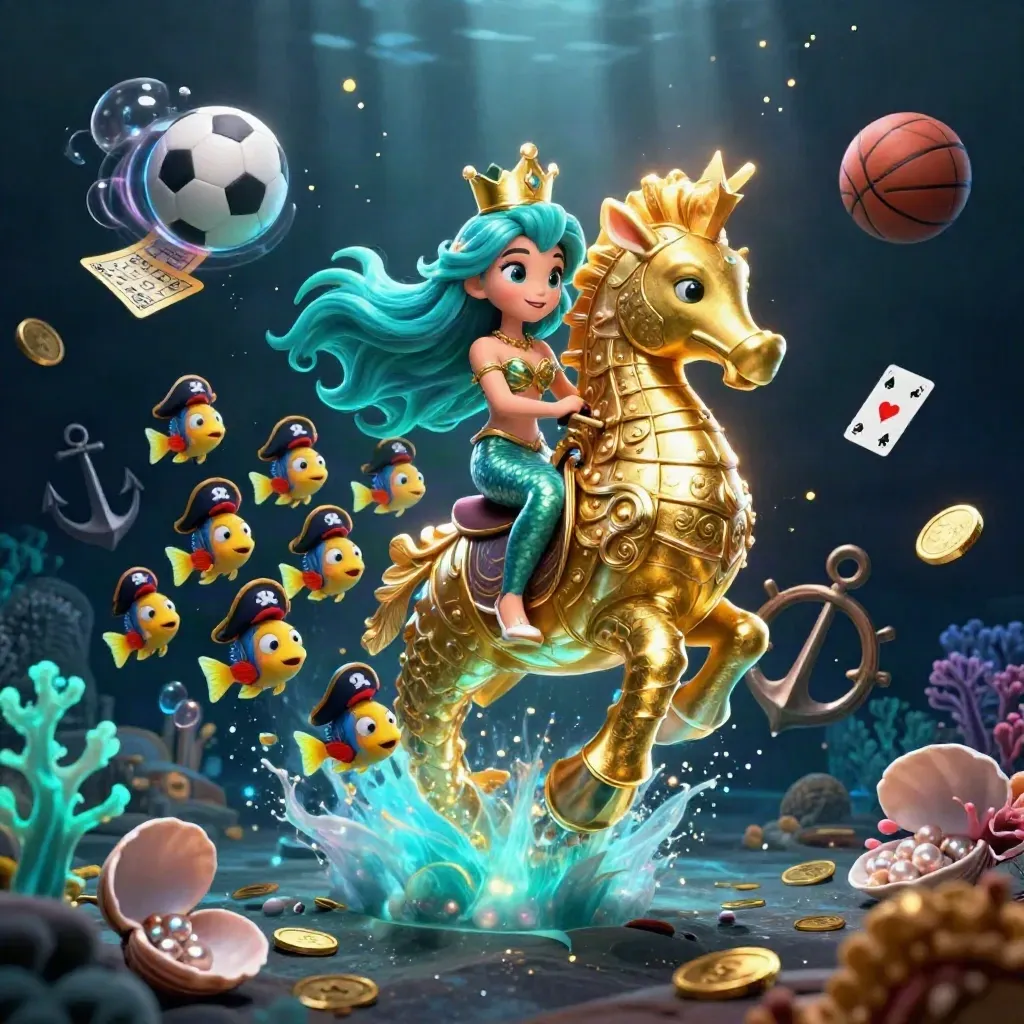 Mermaid princess on armored seahorse amid pirate fish, coins, cards, and glowing treasure cove