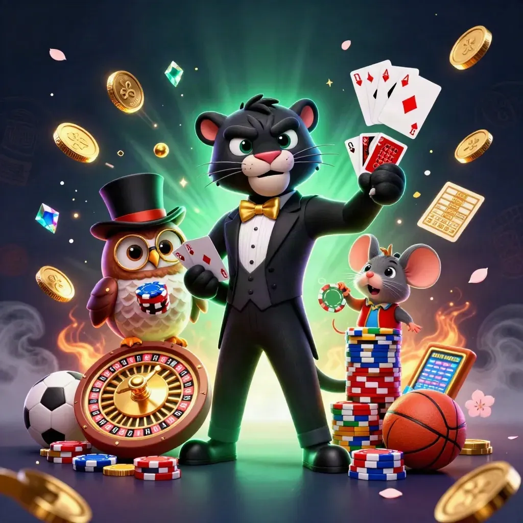 Panther, owl, and mouse casino mascots amid chips, cards, coins, and glowing sports balls.