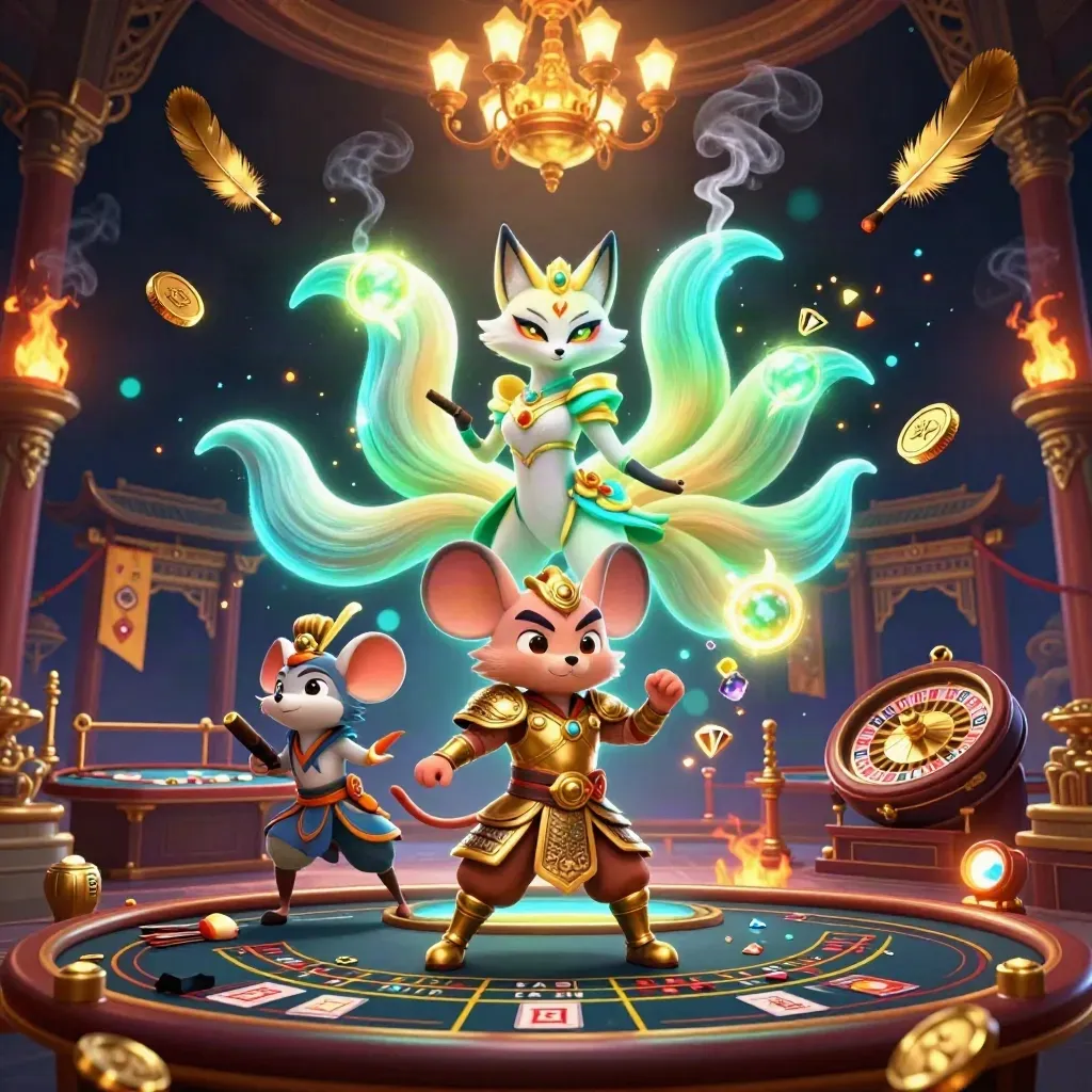 Neon fox spirit and armored mouse in a lavish casino-temple scene with glowing lights