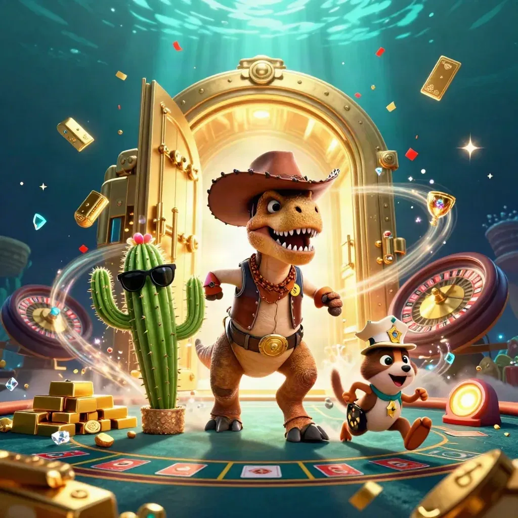 Cartoon T-Rex cowboy, cactus, and roadrunner amid vault gold, casino lights, and fireworks.