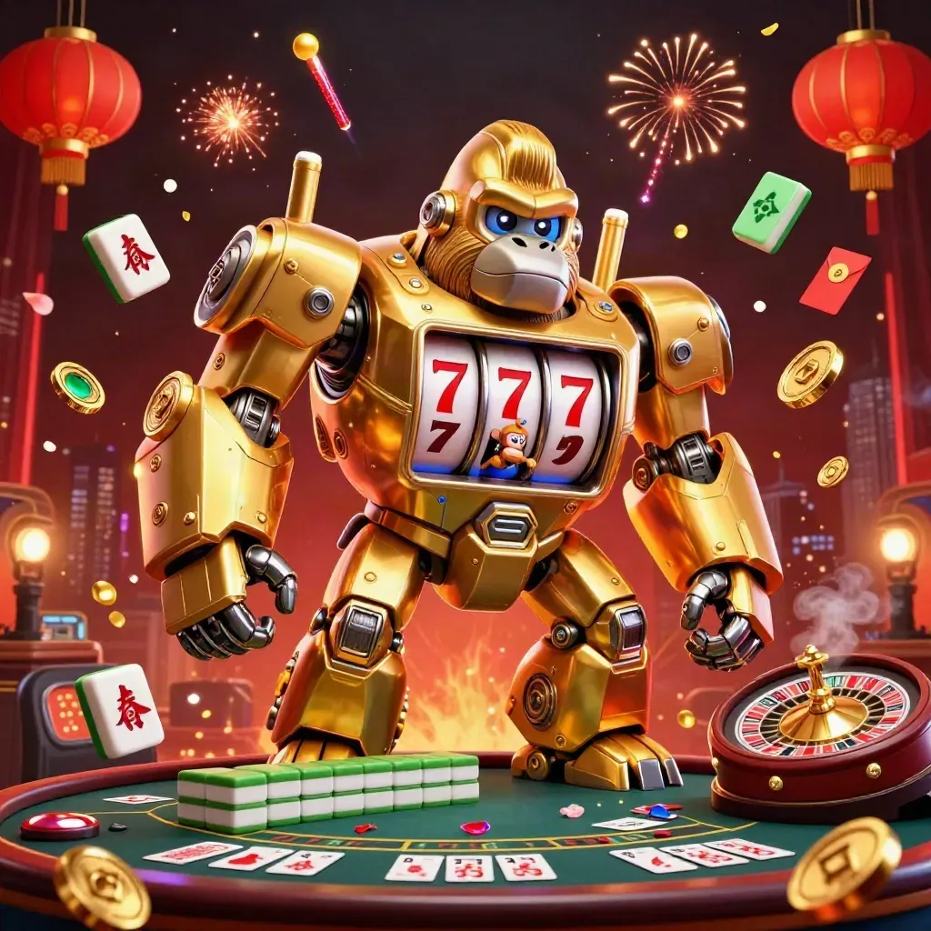 Golden gorilla slot mech with monkey pilot amid roulette, lanterns, coins, smoke, and neon casino glow.