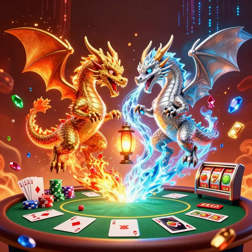 Twin gold and silver dragons swirl over poker chips, cards, reels, and neon casino energy.