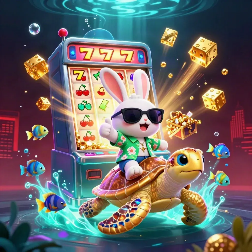 Lucky rabbit rides a gold sea turtle as jackpot gems explode in a neon casino scene.
