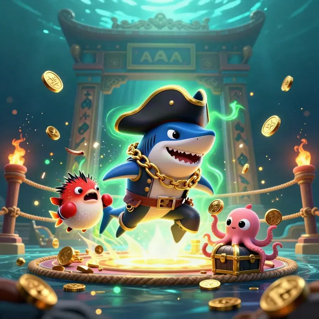 Shark captain, boxing pufferfish, and juggling octopus in a glowing underwater vault scene.