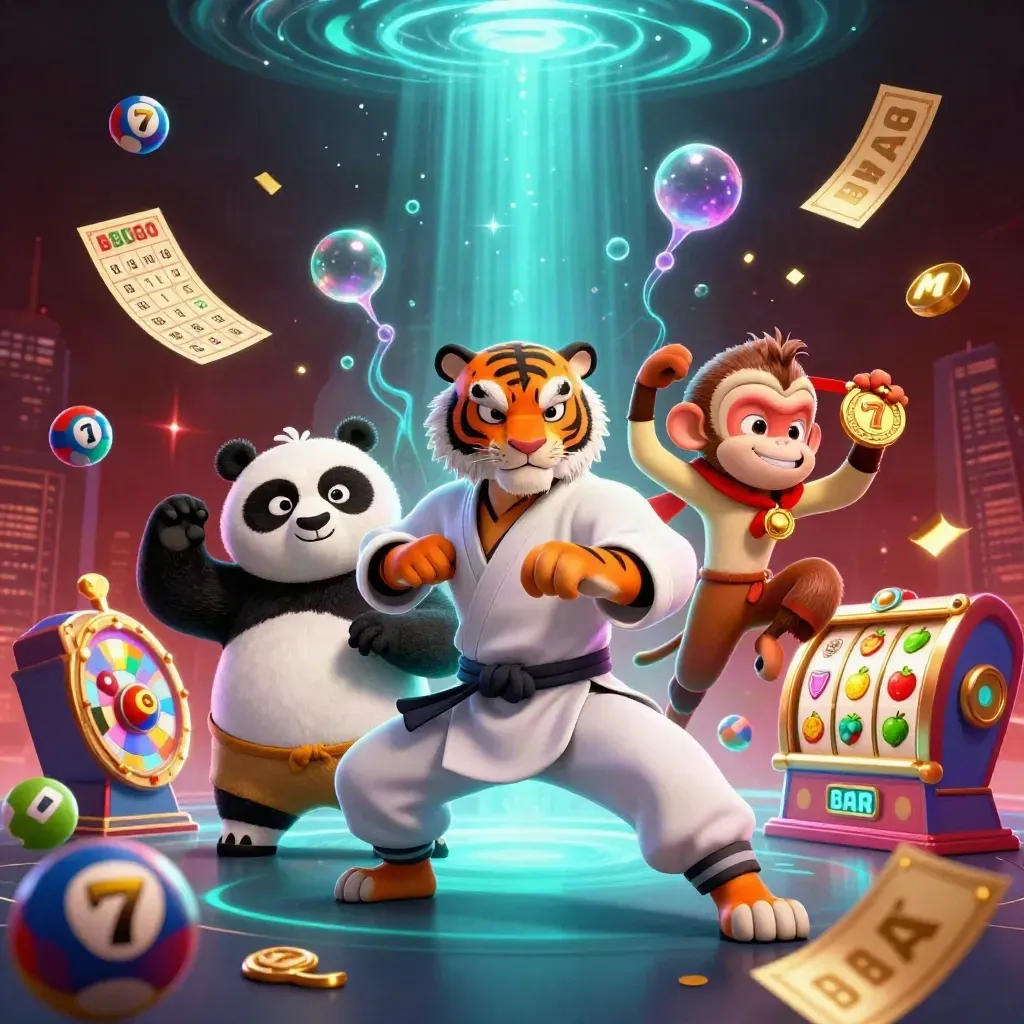 Kung-fu tiger, panda and monkey amid casino prizes, neon cyan glow, dark skyline