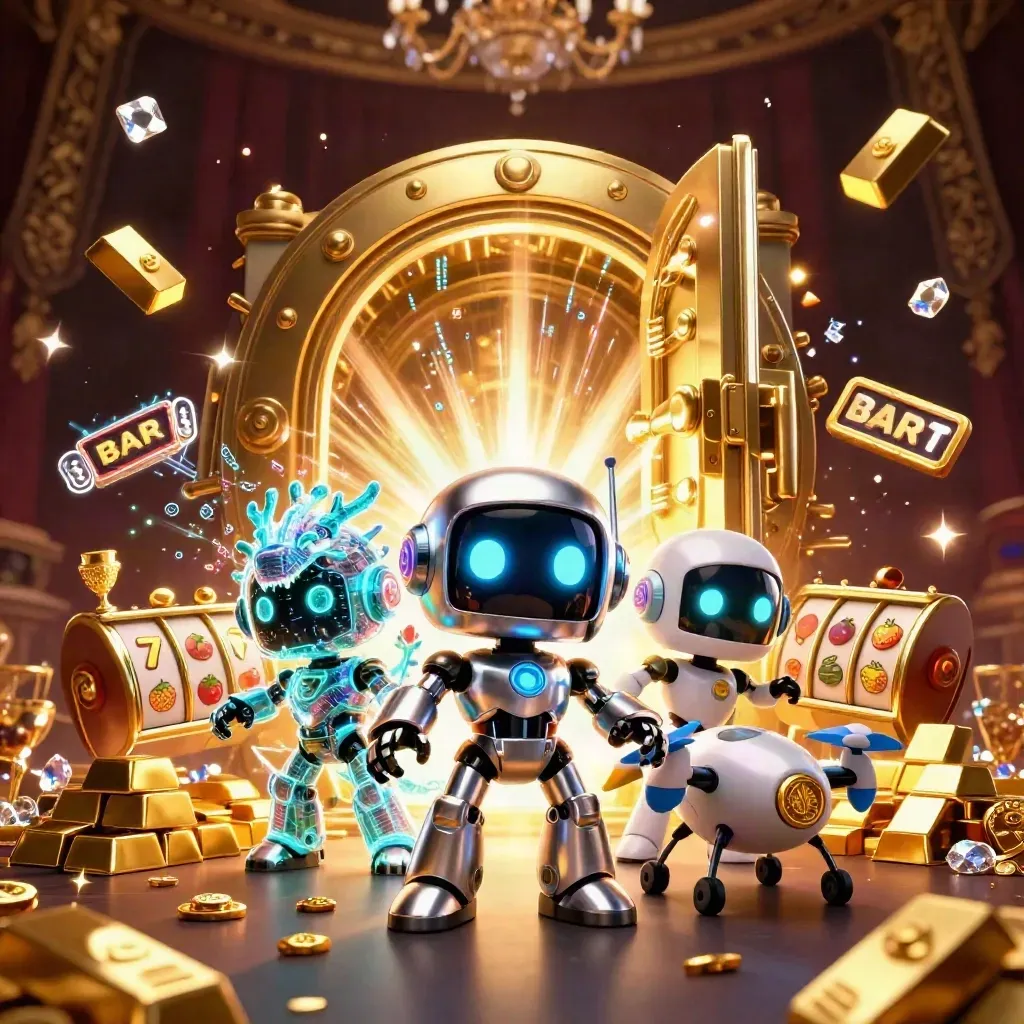 Robot, hologram dragon and coin drone burst from a gold vault with gems and neon energy