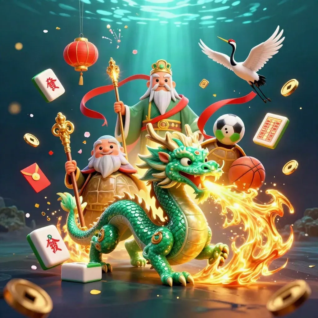 Jade dragon, turtle sage, and cranes amid casino loot, coins, lanterns, fireworks, and sports betting symbols.