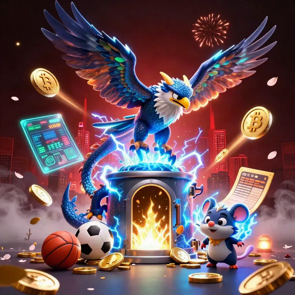 Thunder dragon, glowing hawk and static mouse burst from a coin vault amid neon crypto chaos.
