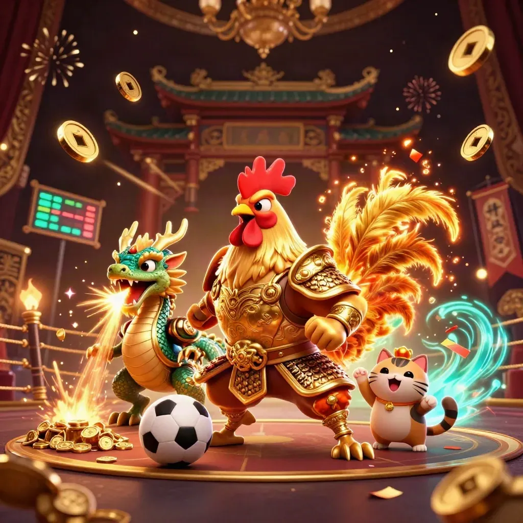 Rooster warrior, dragon hatchling and fortune cat amid coins, fireworks and casino sports symbols