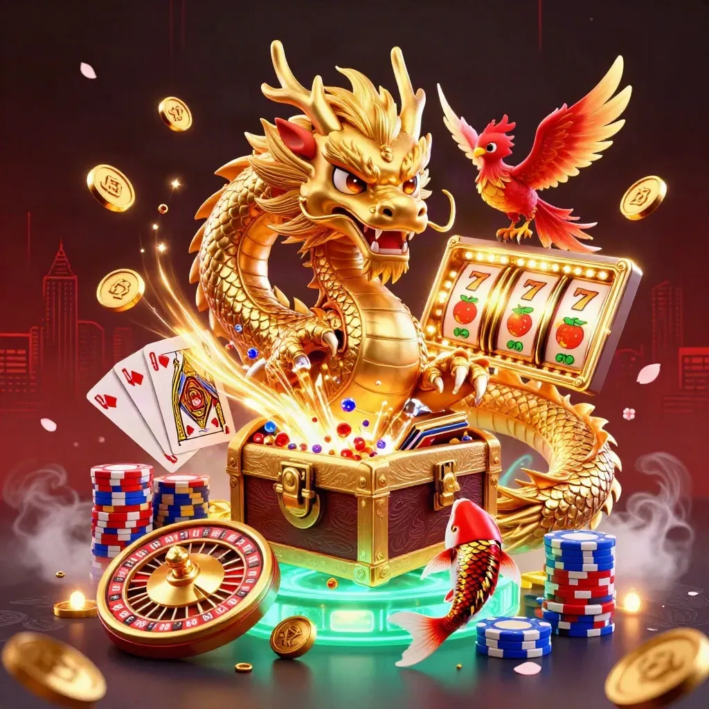 Golden dragon, phoenix and koi with casino chips, cards, coins and roulette on dark neon backdrop.