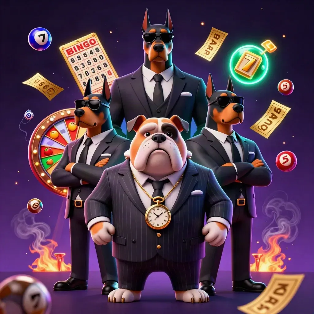 Bulldog boss with two bodyguards amid casino icons, neon sparks and purple smoke.